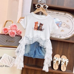 White Lace Cat Top Set Denim Shorts