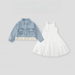2in1 White Dress Set Two Pocket Denim Lace Jacket
