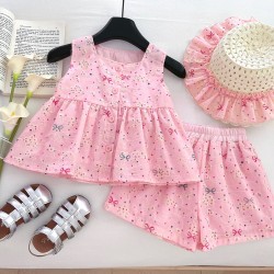Pink Eyelets Ribbons Top Set Shorts
