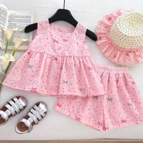Pink Eyelets Ribbons Top Set Shorts