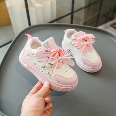Pink White Girls Ribbon Shoes