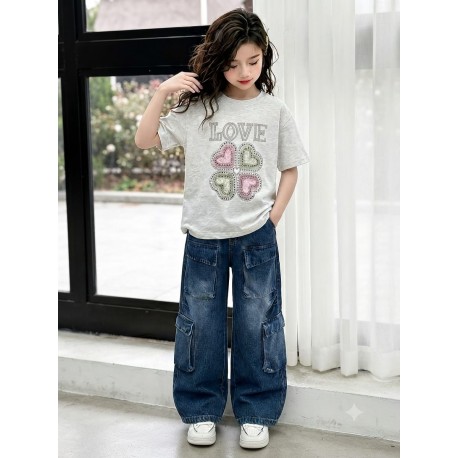 Love Sparkle Top Set Denim Cargo Pants