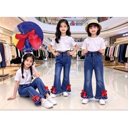 Red  Ribbon Ruffles Denim Pants