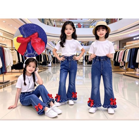 Red  Ribbon Ruffles Denim Pants