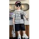 White Stripe Pocket Top set Black Cargo Short