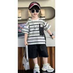 White Stripe Pocket Top set Black Cargo Short