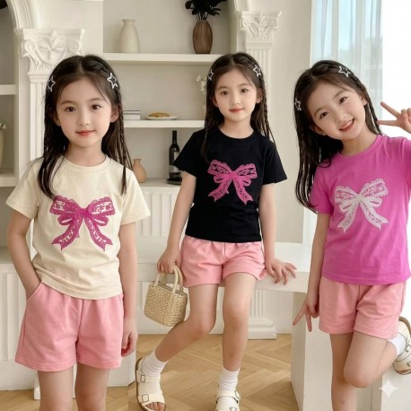 Pink Lace Ribbon Top Set Shorts