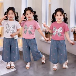 Silver Sequins Top Set Ribbons Denim Pants