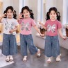 Silver Sequins Top Set Ribbons Denim Pants