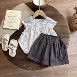 White Pattern Top Set Black Lace Shorts
