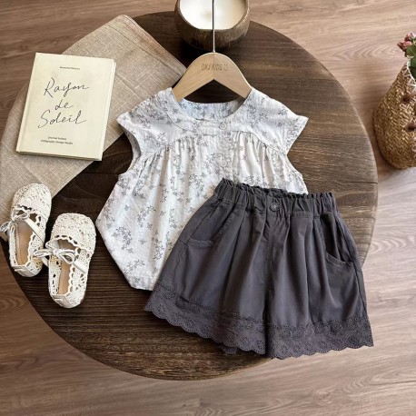 White Pattern Top Set Black Lace Shorts