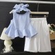 Blue Plaid Peplum Top Set White Pants