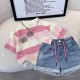 Pink Stripe Top Set Denim Shorts