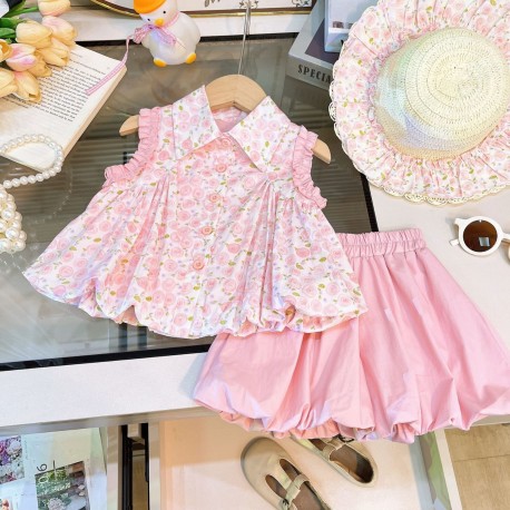Pink Floral Top Set Puffy Shorts