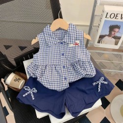Navy Plaid Peplum Top Set Ribbon Shorts