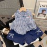 Navy Plaid Peplum Top Set Ribbon Shorts