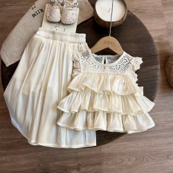 Cream Layered Lace Top Set Pants