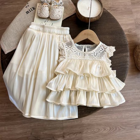 Cream Layered Lace Top Set Pants
