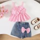 Pink Plaid Peplum Tank Set Ribbon Denim Skirt