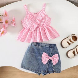 Pink Plaid Peplum Tank Set Ribbon Denim Skirt
