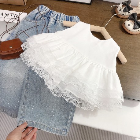 White Layered Lace Top Set Sparkle Denim Pants
