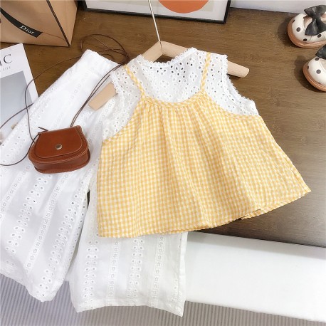 Yellow Plaid Eyelets Top Set Pants