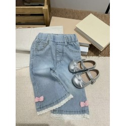 Pink Puffy Ribbon Lace Pull On Denim Pants