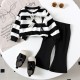 Black White Stripe 3D Flowers Top Set Pants
