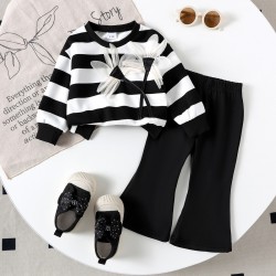 Black White Stripe 3D Flowers Top Set Pants