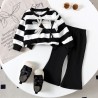 Black White Stripe 3D Flowers Top Set Pants