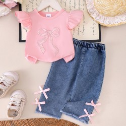 Pink Ruffles Ribbon Top Set Denim Pants