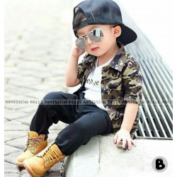 BelleMaison 3in1 Army Shirt White Tee Black Pants